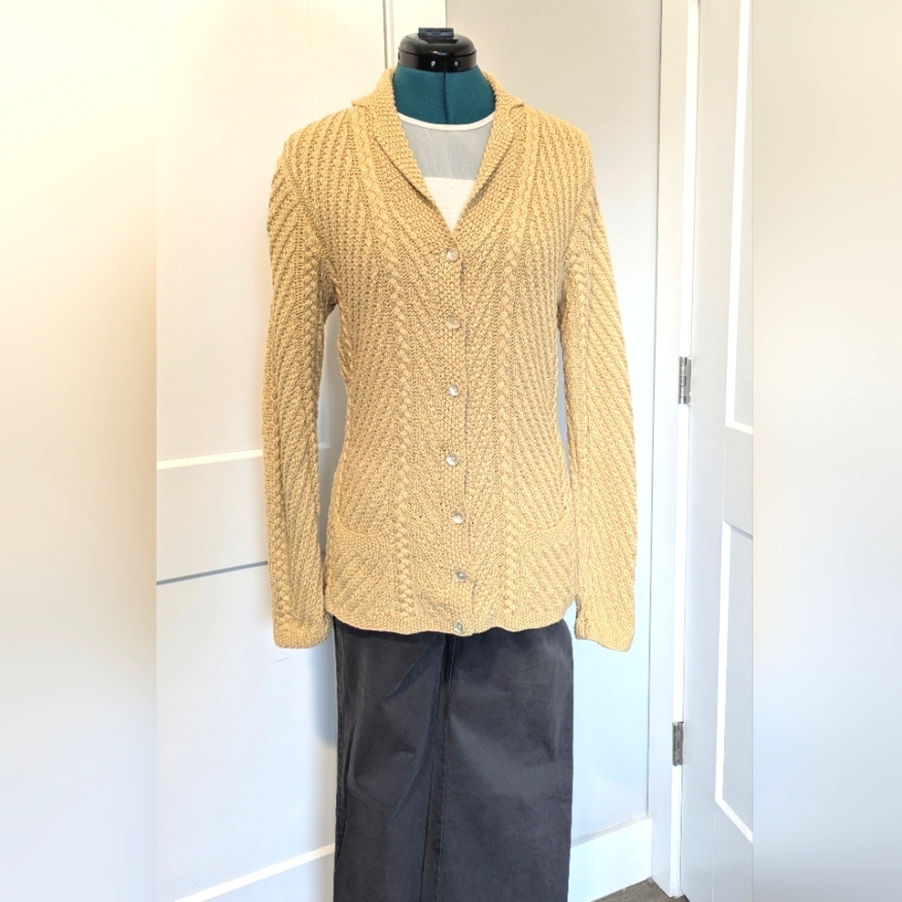 Ralph Lauren Womens Cardigan Small Yellow Chunky Cable Knit Cotton Sweater MOP
